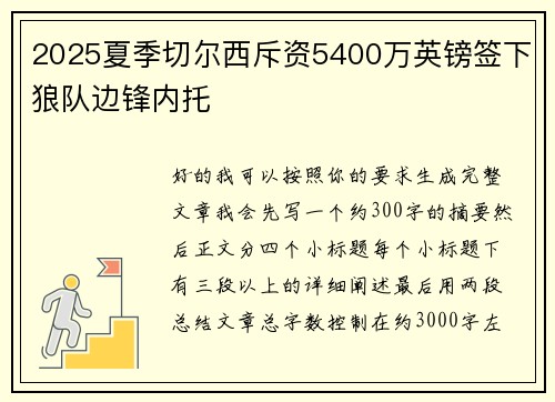 2025夏季切尔西斥资5400万英镑签下狼队边锋内托 2025夏季切尔西斥资5400万英镑签下狼队边锋内托